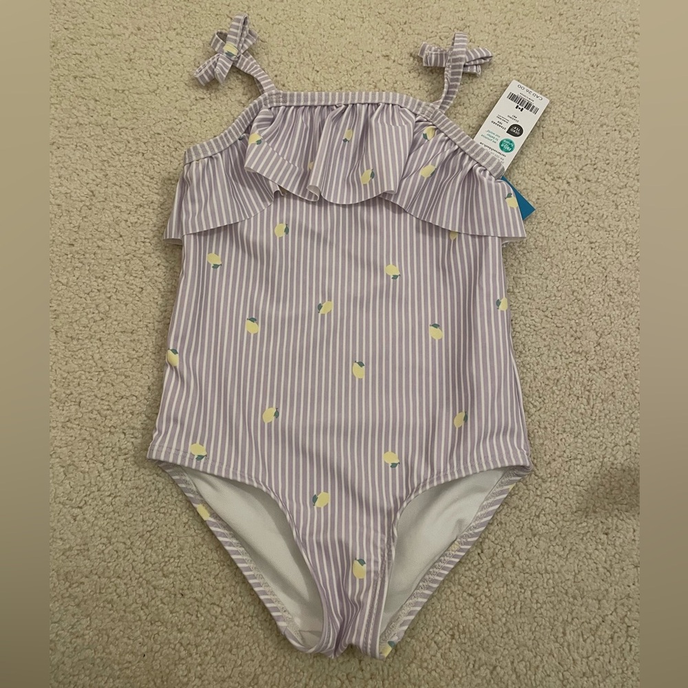 Brand New Purple Striped Ruffle Swimsuit with Lemon Print